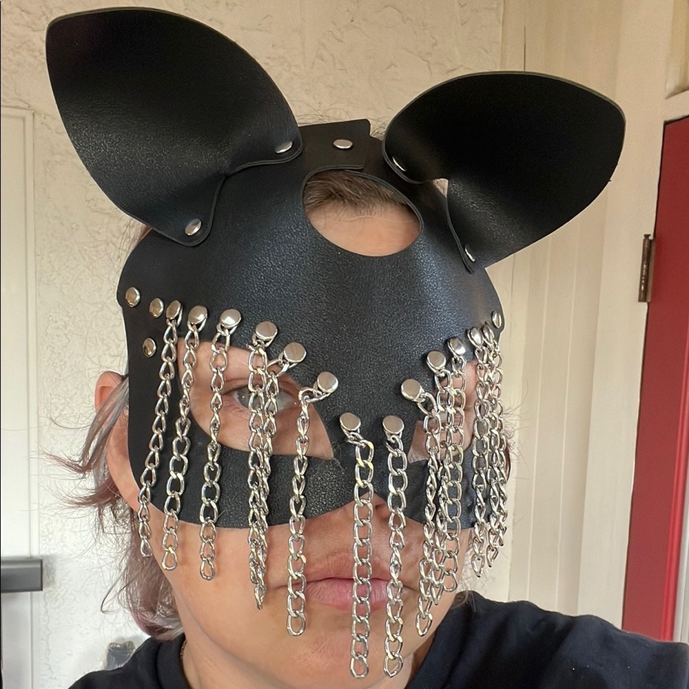 Black Leather Mask with Silver Chains